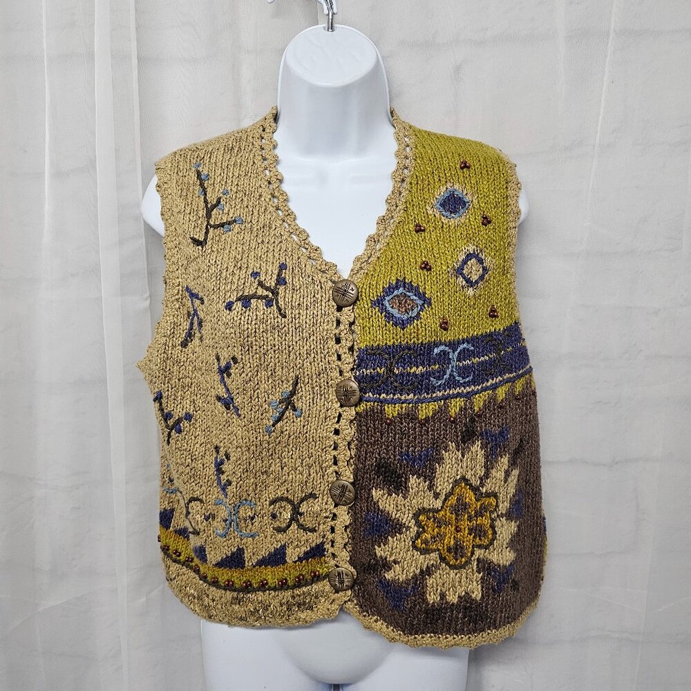 Vintage Sigrid Olsen Vest Knit Beaded Embroidered Boho Cottage Button L - Picture 8 of 8